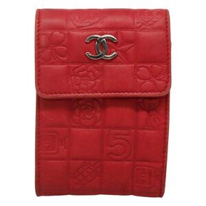CHANEL Icon line Cigarette Case Leather Red CC Auth bs27345